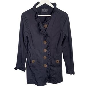 Neon Buddha Knit Jacket Long Navy Blue Lagenlook Button Novelty Ruffle Coat Sz S